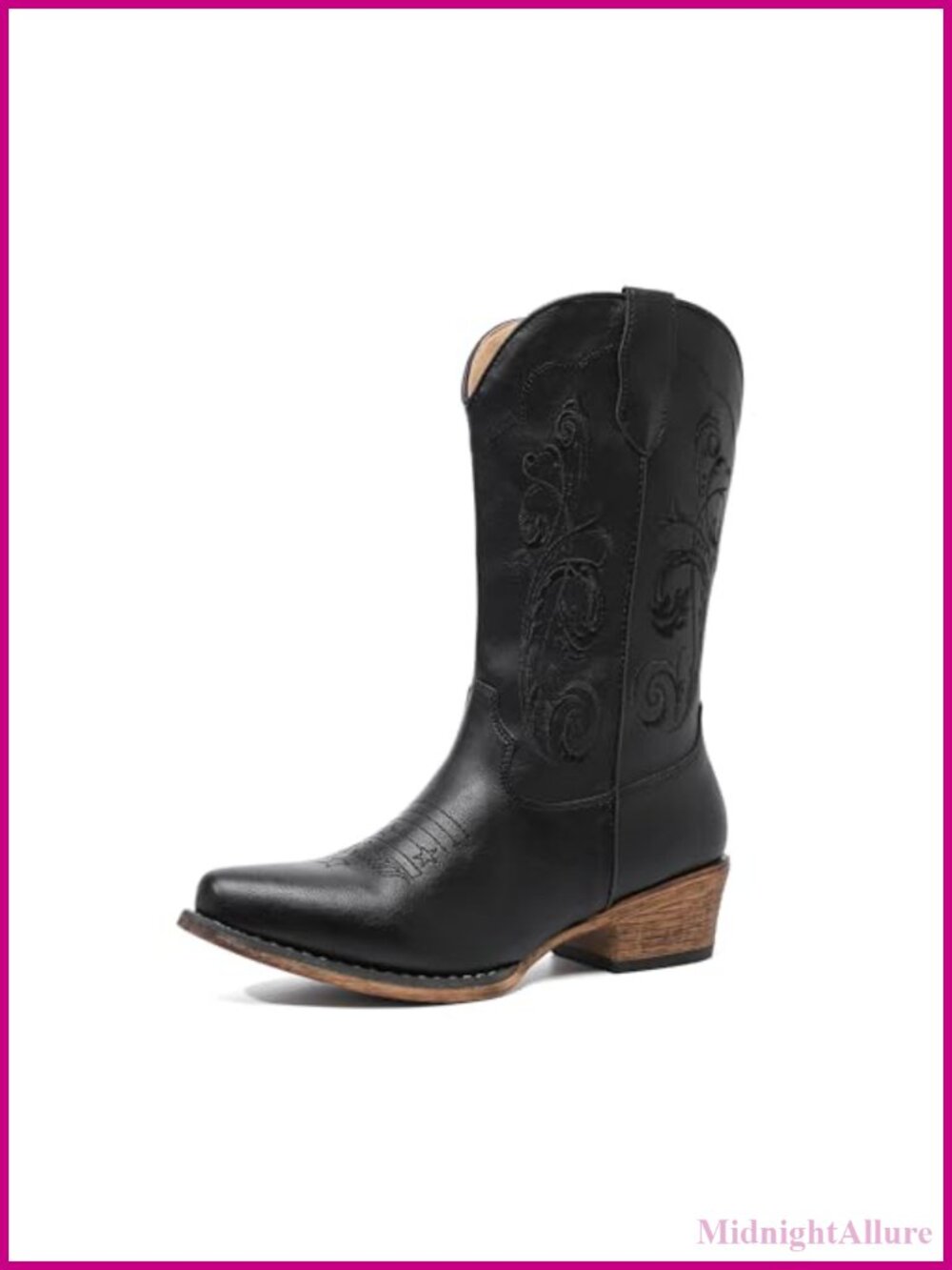 Western Cowboy Boots Women Mid Calf Pointed Toe Embroidered Leather Cowgirl